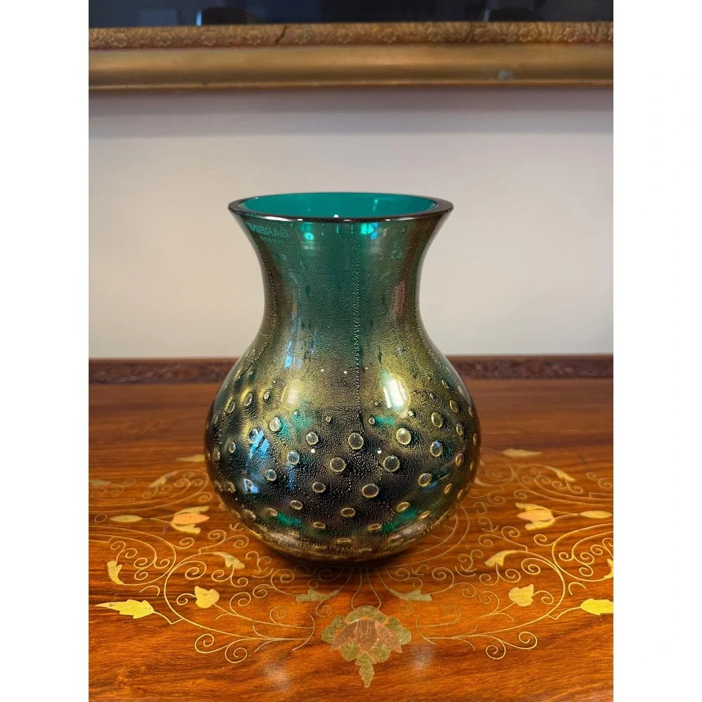 Signed Barbini Murano Art Glass Vase Emerald Green Gold Aventurine Bullicante 7